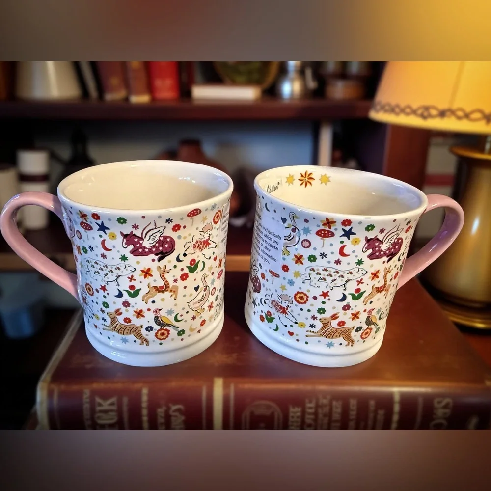 Cath Kidston NWT Qty of 2 Whimsical Animal Patterned Mugs with Pink Handles - Picture 1 of 10
